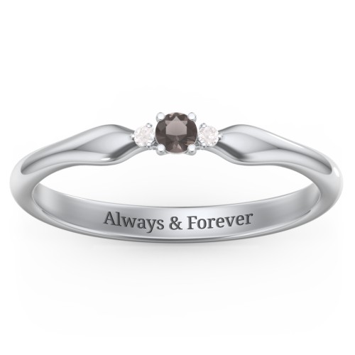 Dainty Trinity Stone Promise Ring – Sterling Silver with Smokey Quartz and Diamond