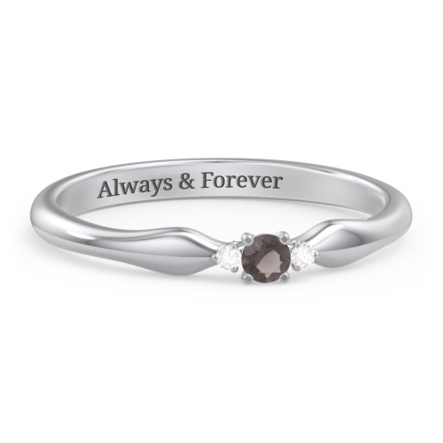 Dainty Trinity Stone Promise Ring – Sterling Silver with Smokey Quartz and Diamond