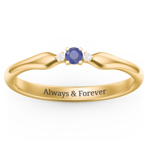 Dainty Trinity Stone Promise Ring – 10K Yellow Gold with Blue Sapphire and White Premium Zirconia