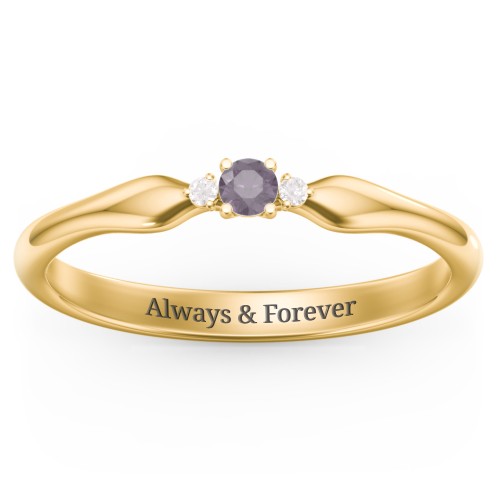 Dainty Trinity Stone Promise Ring – 10K Yellow Gold with Alexandrite and White Premium Zirconia