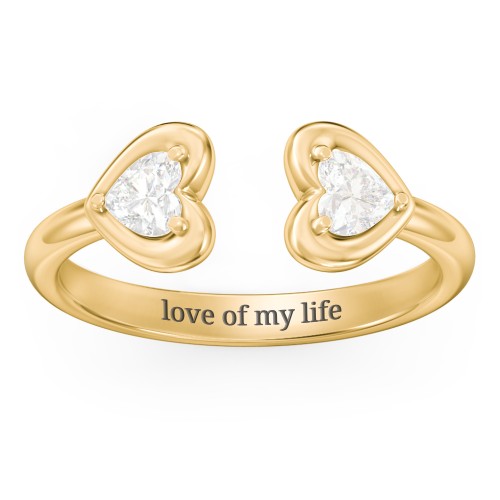 Heart In Heart Gemstone Open Cuff Ring – 18K Gold Plated Silver with Diamond