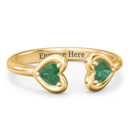 Heart In Heart Gemstone Open Cuff Ring in 18K Gold Plated Silver with Emerald