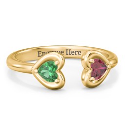 Heart In Heart Gemstone Open Cuff Ring in 18K Gold Plated Silver with Emerald and Ruby