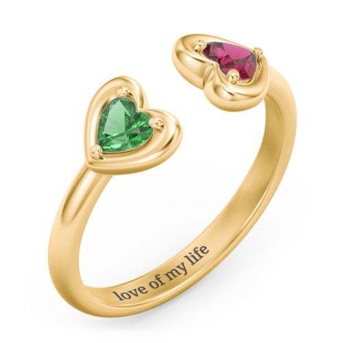 Heart In Heart Gemstone Open Cuff Ring – 18K Gold Plated Silver with Emerald and Ruby