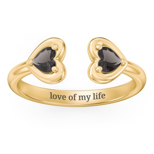Heart In Heart Gemstone Open Cuff Ring – 18K Gold Plated Silver with Smokey Quartz