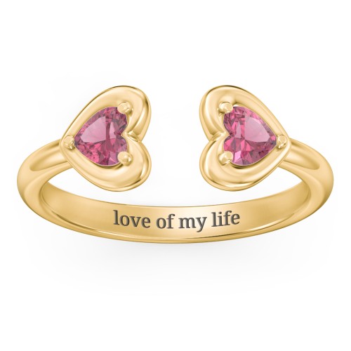 Heart In Heart Gemstone Open Cuff Ring – 18K Gold Plated Silver with Pink Tourmaline