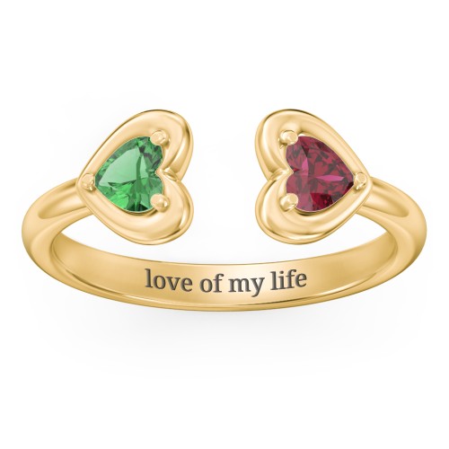 Heart In Heart Gemstone Open Cuff Ring – 18K Gold Plated Silver with Emerald and Ruby
