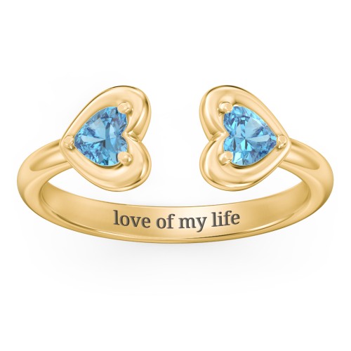Heart In Heart Gemstone Open Cuff Ring – 18K Gold Plated Silver with Blue Topaz