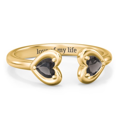 Heart In Heart Gemstone Open Cuff Ring – 18K Gold Plated Silver with Smokey Quartz