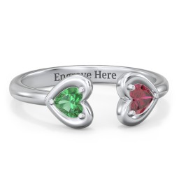 Heart In Heart Gemstone Open Cuff Ring in 925 Sterling Silver with Emerald and Ruby