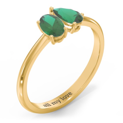 Toi et Moi Oval and Pear Gemstone Ring – 18K Gold Plated Silver with Emerald