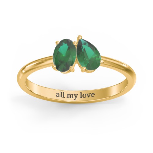 Toi et Moi Oval and Pear Gemstone Ring – 18K Gold Plated Silver with Emerald