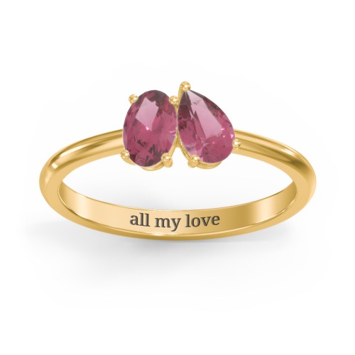 Toi et Moi Oval and Pear Gemstone Ring – 18K Gold Plated Silver with Pink Tourmaline