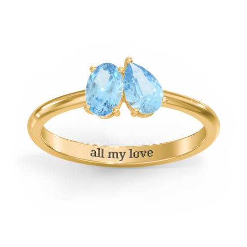 Toi et Moi Oval and Pear Gemstone Ring – 18K Gold Plated Silver with Blue Topaz