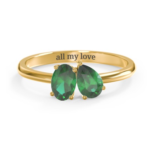 Toi et Moi Oval and Pear Gemstone Ring – 18K Gold Plated Silver with Emerald