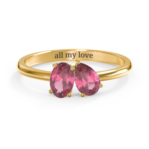 Toi et Moi Oval and Pear Gemstone Ring – 18K Gold Plated Silver with Pink Tourmaline