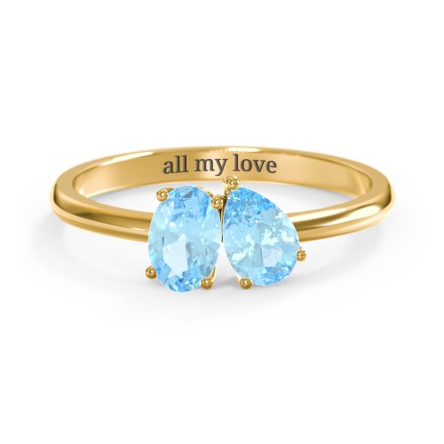 Toi et Moi Oval and Pear Gemstone Ring – 18K Gold Plated Silver with Blue Topaz