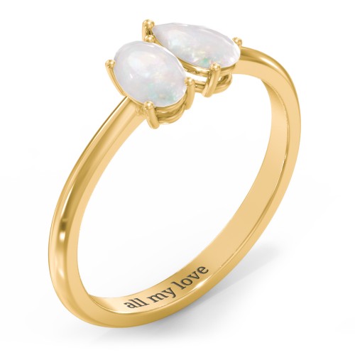Toi et Moi Oval and Pear Gemstone Ring – 18K Gold Plated Silver with Opal