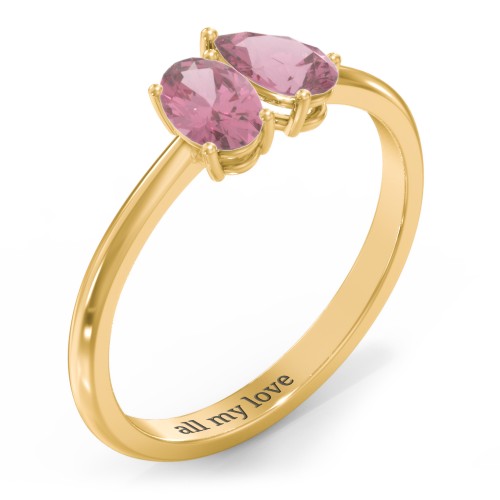 Toi et Moi Oval and Pear Gemstone Ring – 18K Gold Plated Silver with Pink Tourmaline