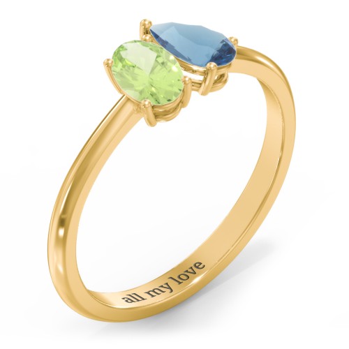 Toi et Moi Oval and Pear Gemstone Ring – 18K Gold Plated Silver with Peridot and Blue Topaz