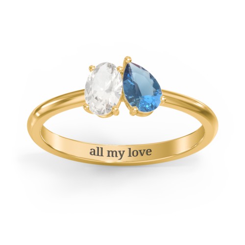 Toi et Moi Oval and Pear Gemstone Ring – 18K Gold Plated Silver with Cubic Zirconia and Blue Topaz
