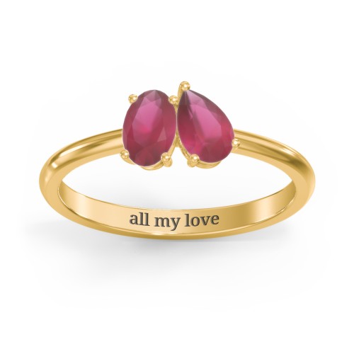 Toi et Moi Oval and Pear Gemstone Ring – 18K Gold Plated Silver with Ruby