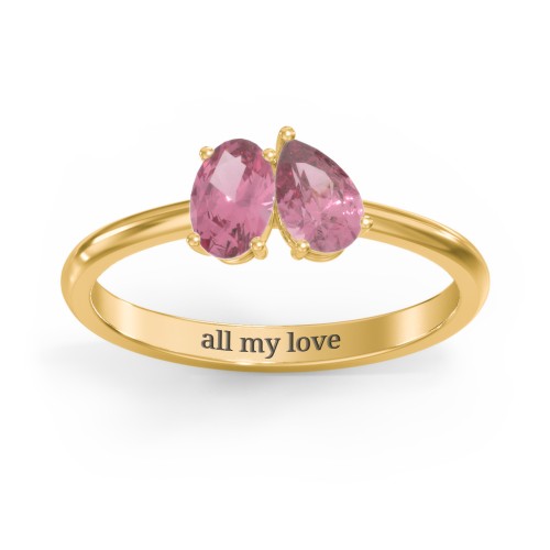 Toi et Moi Oval and Pear Gemstone Ring – 18K Gold Plated Silver with Pink Tourmaline
