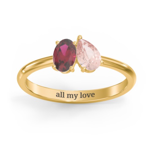 Toi et Moi Oval and Pear Gemstone Ring – 18K Gold Plated Silver with Ruby and Morganite