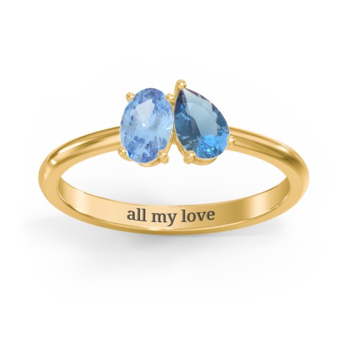 Toi et Moi Oval and Pear Gemstone Ring – 18K Gold Plated Silver with Blue Topaz