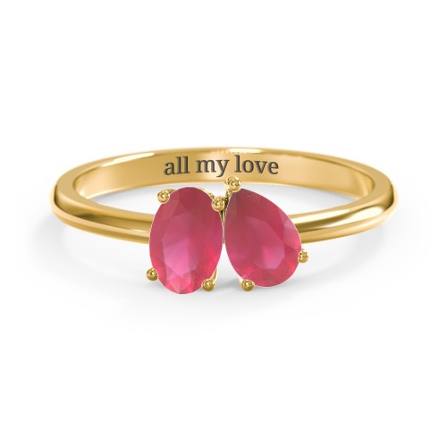 Toi et Moi Oval and Pear Gemstone Ring – 18K Gold Plated Silver with Ruby