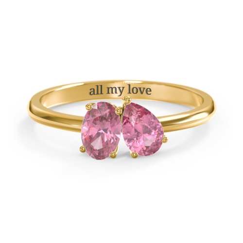 Toi et Moi Oval and Pear Gemstone Ring – 18K Gold Plated Silver with Pink Tourmaline