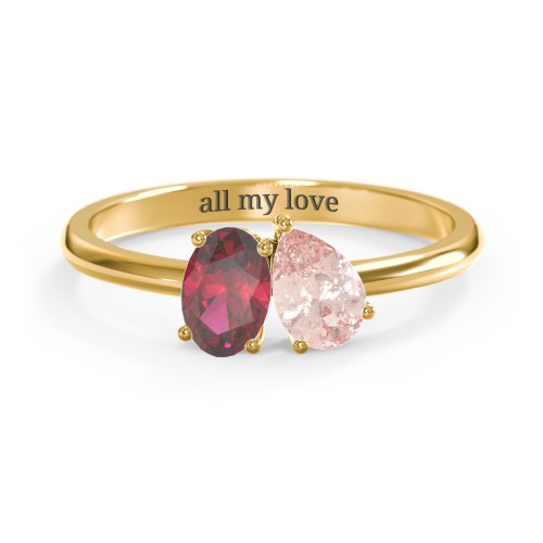 Toi et Moi Oval and Pear Gemstone Ring – 18K Gold Plated Silver with Ruby and Morganite