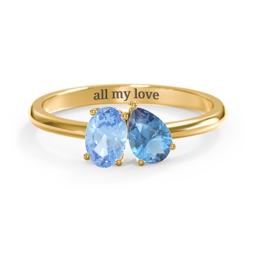 Toi et Moi Oval and Pear Gemstone Ring – 18K Gold Plated Silver with Blue Topaz