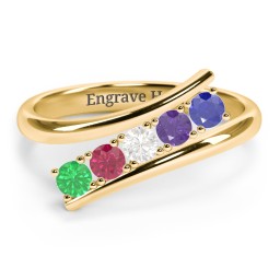 5 Birthstone Bypass Ring in 10K Solid Yellow Gold with Emerald, Ruby, Cubic Zirconia, Amethyst, and Blue Sapphire
