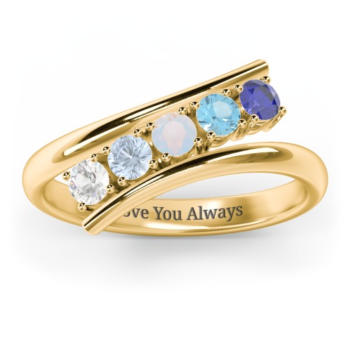 5 Birthstone Bypass Ring – 10K Yellow Gold with Cubic Zirconia, Aquamarine, Opal, Blue Topaz, and Blue Sapphire