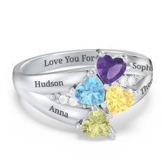 Multi-Heart Split-Band Ring – Sterling Silver with Amethyst, Blue Topaz, Citrine, Peridot, and Cubic Zirconia