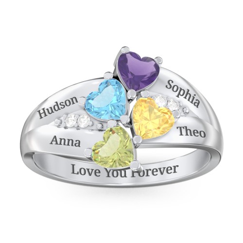 Multi-Heart Split-Band Ring – Sterling Silver with Amethyst, Blue Topaz, Citrine, Peridot, and Cubic Zirconia