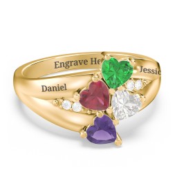Multi-Heart Split-Band Ring in 10K Solid Yellow Gold with Emerald, Ruby, Cubic Zirconia, and Amethyst