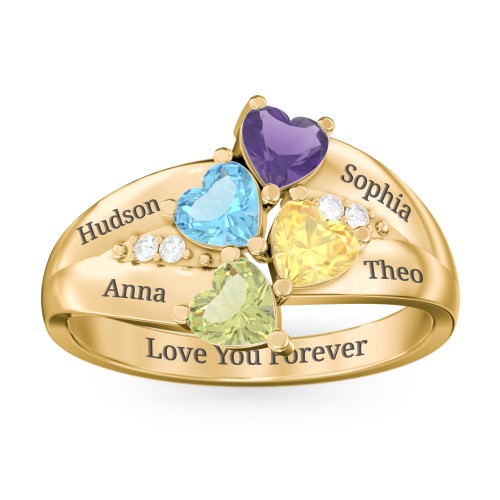 Multi-Heart Split-Band Ring – 10K Yellow Gold with Amethyst, Blue Topaz, Citrine, Peridot, and Cubic Zirconia