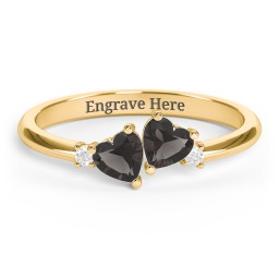 Pair of Hearts Gemstone Promise Ring with Accent Stones in 18K Gold Plated Silver with Smokey Quartz and White Premium Zirconia