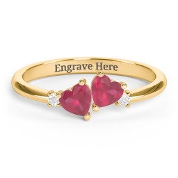 Pair of Hearts Gemstone Promise Ring with Accent Stones in 18K Gold Plated Silver with Ruby and White Premium Zirconia