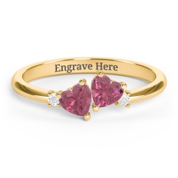 Pair of Hearts Gemstone Promise Ring with Accent Stones in 18K Gold Plated Silver with Pink Tourmaline and White Premium Zirconia