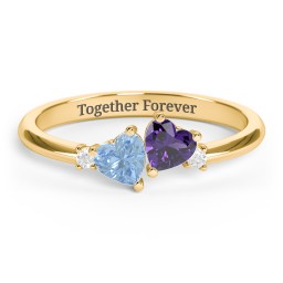 Pair of Hearts Gemstone Promise Ring with Accent Stones in 18K Gold Plated Silver with Blue Topaz, Amethyst, and White Premium Zirconia