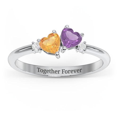 Pair of Hearts Gemstone Promise Ring with Accent Stones – Sterling Silver with Citrine, Amethyst, and White Premium Zirconia