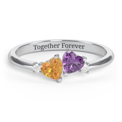 Pair of Hearts Gemstone Promise Ring with Accent Stones – Sterling Silver with Citrine, Amethyst, and White Premium Zirconia