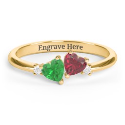 Pair of Hearts Gemstone Promise Ring with Accent Stones in 10K Solid Yellow Gold with Emerald, Ruby, and White Premium Zirconia