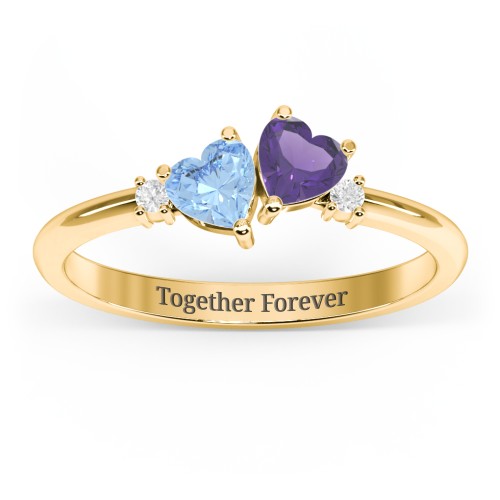Pair of Hearts Gemstone Promise Ring with Accent Stones – 10K Yellow Gold with Blue Topaz, Amethyst, and White Premium Zirconia