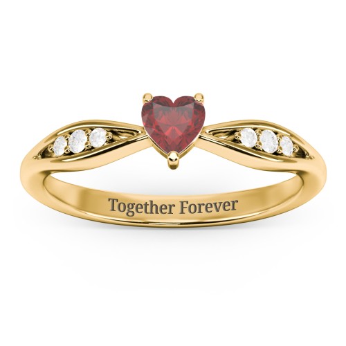 Heart Gemstone Promise Ring with Trio Set Accent Stones – 18K Gold Plated Silver with Garnet and White Premium Zirconia