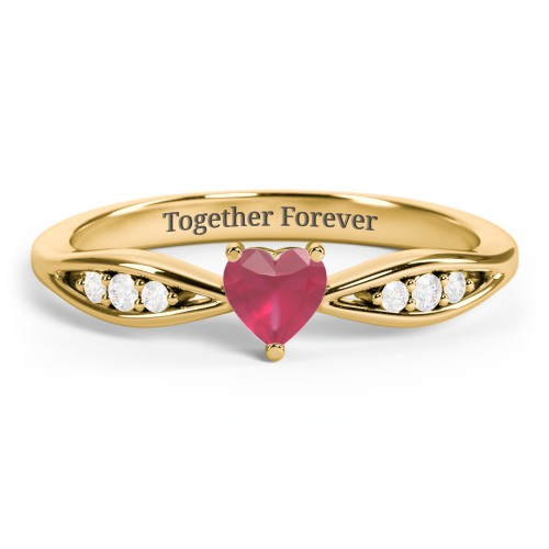Heart Gemstone Promise Ring with Trio Set Accent Stones – 18K Gold Plated Silver with Ruby and White Premium Zirconia
