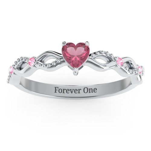 Twisted Vine Gemstone Heart Promise Ring with Accent Stones – Sterling Silver with Pink Tourmaline and Fancy Pink Premium Zirconia